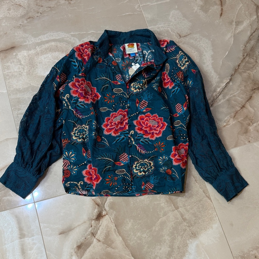 Farm Rio Floral Button-Up Blouse with Lace Sleeves